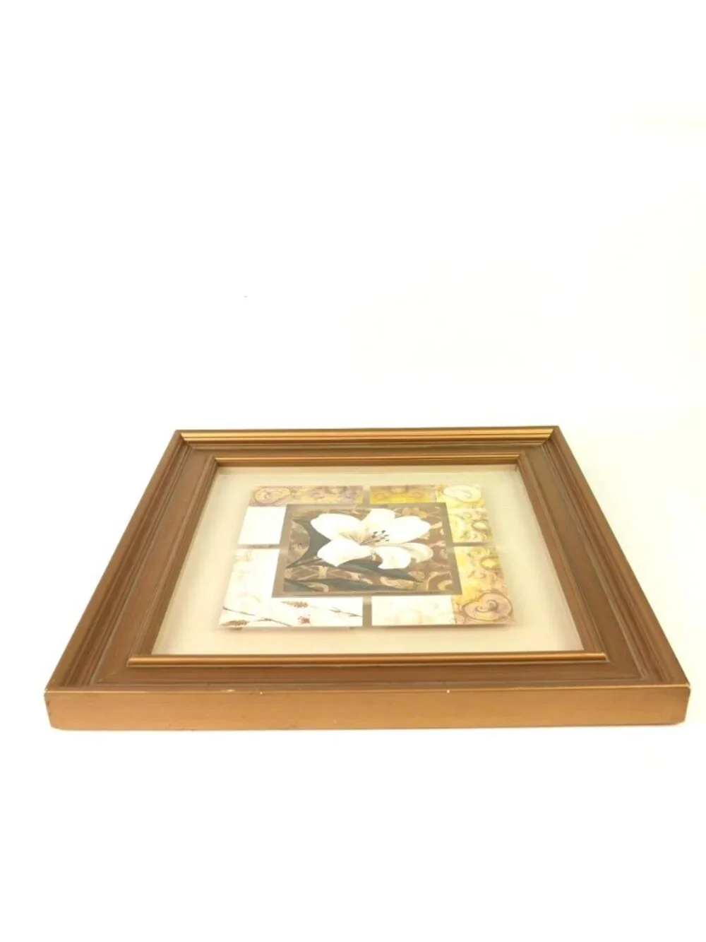 Vintage White Lily Floral Wall Art Collage Print Gold Color Frame 16” Square